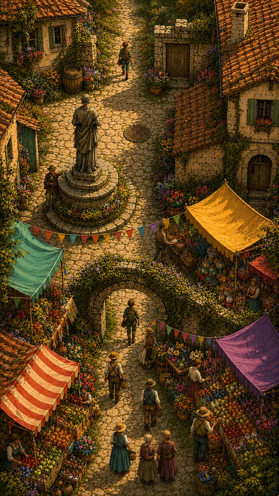 An illustrated village square with a market and vegetation in Rimargo
